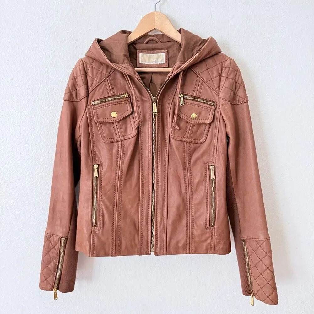 Michael Michael Kors Women's Size Small Quilted Moto Jacket Brown Soft Leather